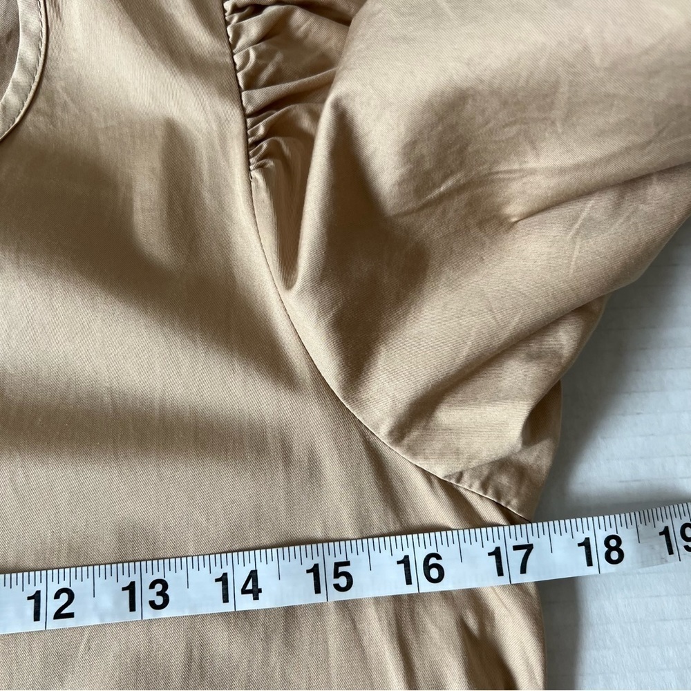 Zara Camel Tan Poplin Tiered Midi Dress Puff Sleeve Asymmetric Hem Pockets S - Picture 15 of 16